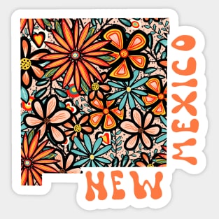 New Mexico State Design | Artist Designed Illustration Featuring New Mexico State Outline Filled With Retro Flowers with Retro Hand-Lettering Sticker